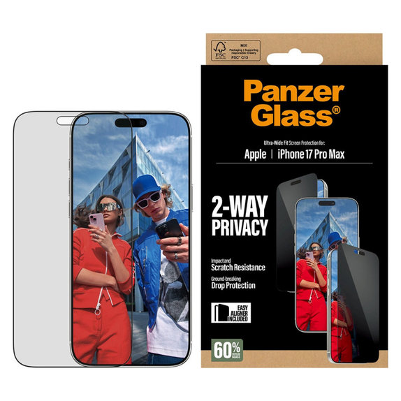 Sticlă securizată UWF 2-Way Privacy cu Fastfit pentru iPhone 17 Pro Max, Negru, PanzerGlass