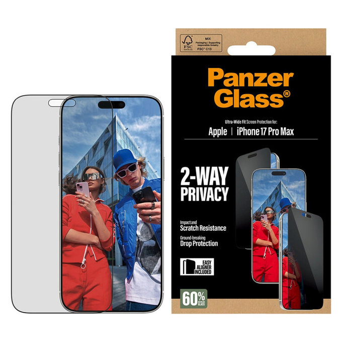 Sticlă securizată UWF 2-Way Privacy cu Fastfit pentru iPhone 17 Pro Max, Negru, PanzerGlass