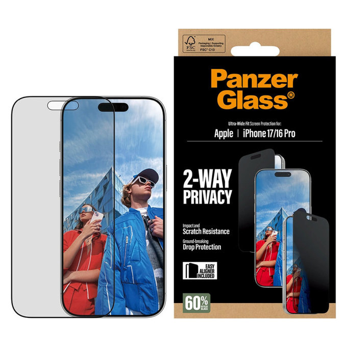 Sticlă securizată UWF 2-Way Privacy cu Fastfit pentru iPhone 17/16 Pro, Negru, PanzerGlass