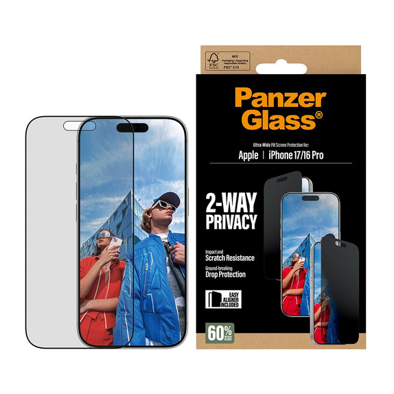 Sticlă securizată UWF 2-Way Privacy cu Fastfit pentru iPhone 17/16 Pro, Negru, PanzerGlass
