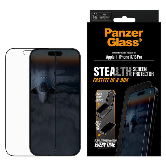 Sticlă securizată UWF Stealth cu Fastfit pentru iPhone 17/16 Pro, Negru, PanzerGlass