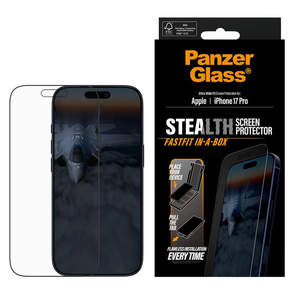 Sticlă securizată UWF Stealth cu Fastfit pentru iPhone 17 Pro, Negru, PanzerGlass