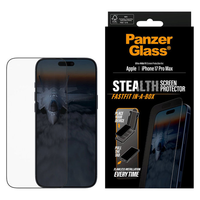 Sticlă securizată UWF Stealth cu Fastfit pentru iPhone 17 Pro Max, Negru, PanzerGlass