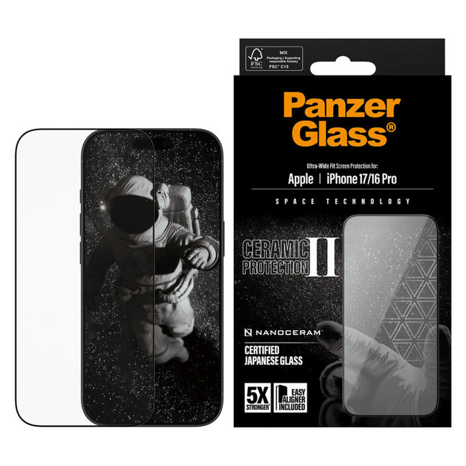 Sticlă securizată UWF Ceramic II cu Fastfit pentru iPhone 17/16 Pro, Negru, PanzerGlass