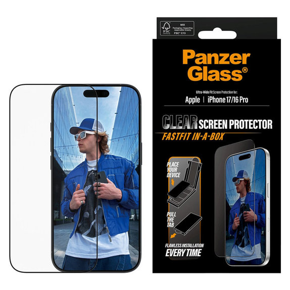 Sticlă securizată UWF cu Fastfit pentru iPhone 17/16 Pro, Negru, PanzerGlass