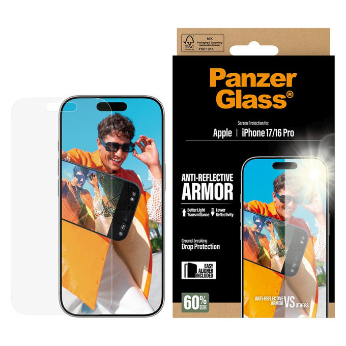 Sticlă securizată Anti-Reflective cu aplicator pentru iPhone 17/16 Pro, Negru, PanzerGlass