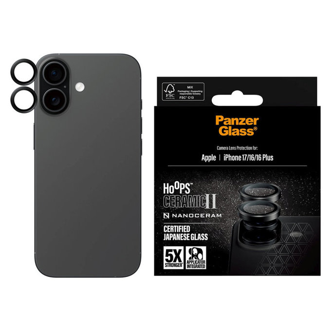 Protecție lentile cameră Hoops Ceramic II pentru iPhone 17/16 Plus/16, Negru, PanzerGlass