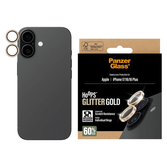 Protecție lentile cameră Hoops pentru iPhone 17/16 Plus/16, Glitter Gold, PanzerGlass