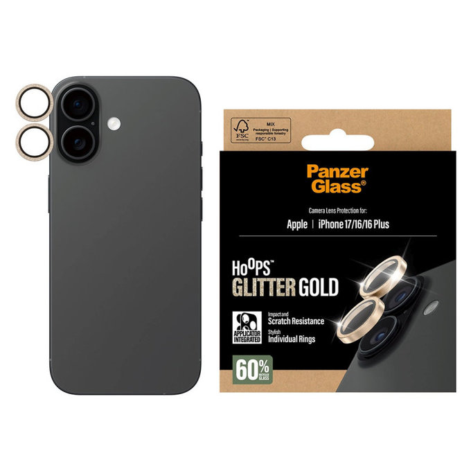 Protecție lentile cameră Hoops pentru iPhone 17/16 Plus/16, Glitter Gold, PanzerGlass