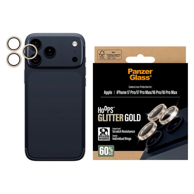 Protecție lentile cameră Hoops pentru iPhone 17 Pro Max/17 Pro/16 Pro Max/16 Pro, Glitter Gold, PanzerGlass