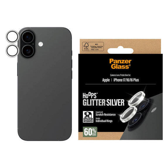 Protecție lentile cameră Hoops pentru iPhone 17/16 Plus/16, Glitter Silver, PanzerGlass