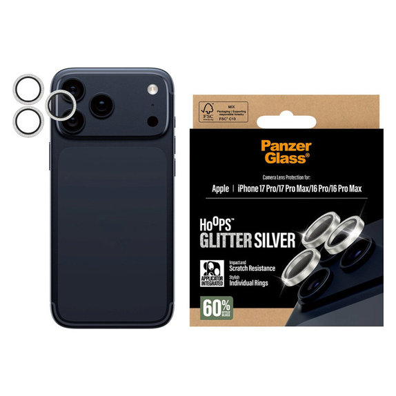 Protecție lentile cameră Hoops pentru iPhone 17 Pro Max/17 Pro/16 Pro Max/16 Pro, Glitter Silver, PanzerGlass