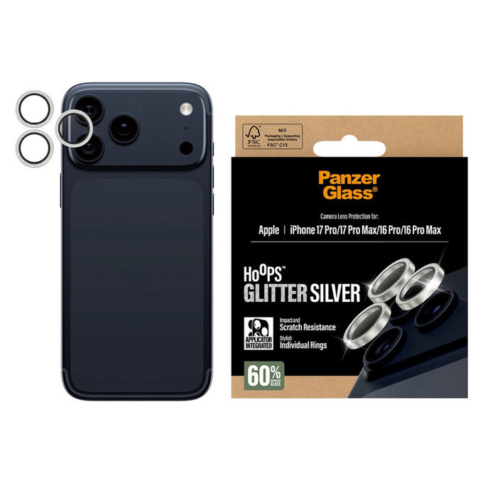 Protecție lentile cameră Hoops pentru iPhone 17 Pro Max/17 Pro/16 Pro Max/16 Pro, Glitter Silver, PanzerGlass