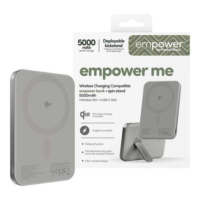 PowerBank wireless 5000 mAh, cu suport rotativ 20 W, compatibilă cu MagSafe, Qi2/USB-C, Titan, empower