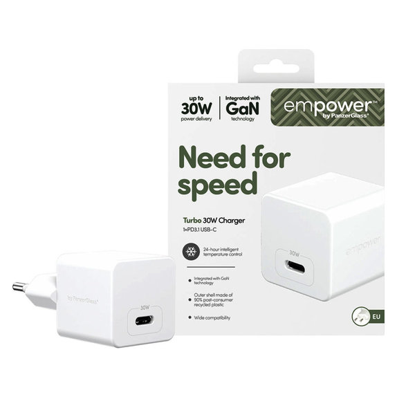 Adaptor de călătorie Grand Prix USB-C, GaN, 30 W PD, argintiu-alb, empower