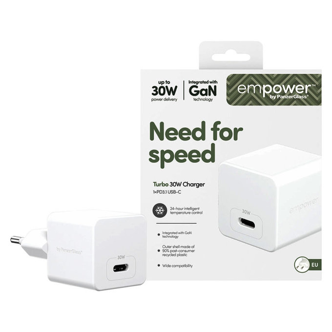 Adaptor de călătorie Grand Prix USB-C, GaN, 30 W PD, argintiu-alb, empower