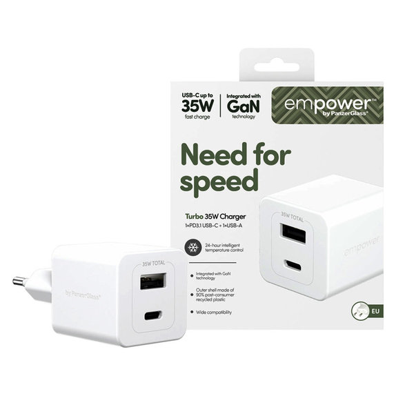 Adaptor de călătorie Grand Prix USB-C/USB-A, GaN, 35 W PD, argintiu-alb, empower