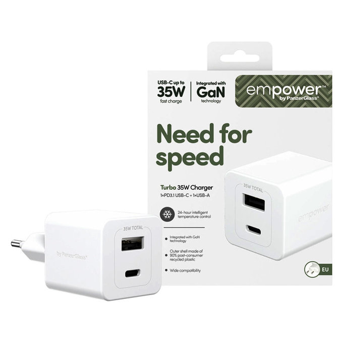 Adaptor de călătorie Grand Prix USB-C/USB-A, GaN, 35 W PD, argintiu-alb, empower