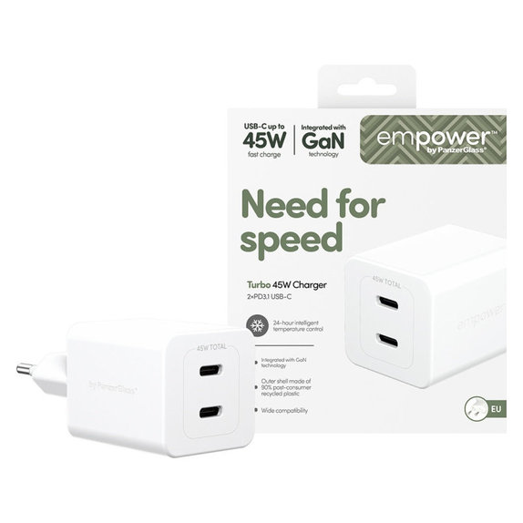 Adaptor de călătorie Grand Prix 2x USB-C, GaN, 45 W PD, Alb-argintiu, empower