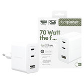 Adaptor de călătorie Grand Prix 2x USB-C/USB-A, GaN, 70 W PD, Alb-argintiu, PanzerGlass