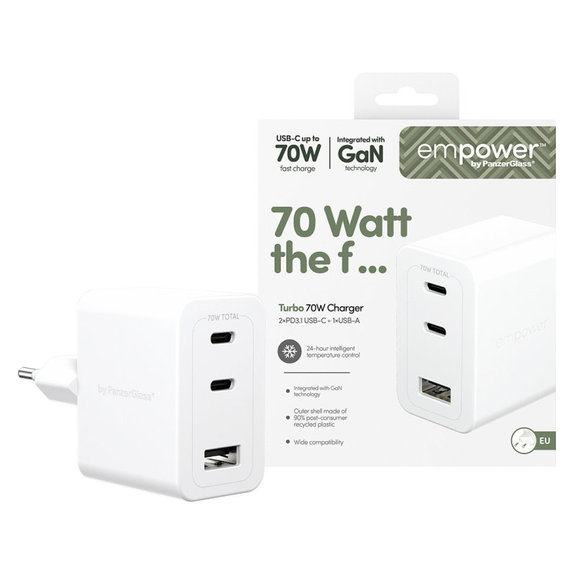 Adaptor de călătorie Grand Prix 2x USB-C/USB-A, GaN, 70 W PD, Alb-argintiu, empower