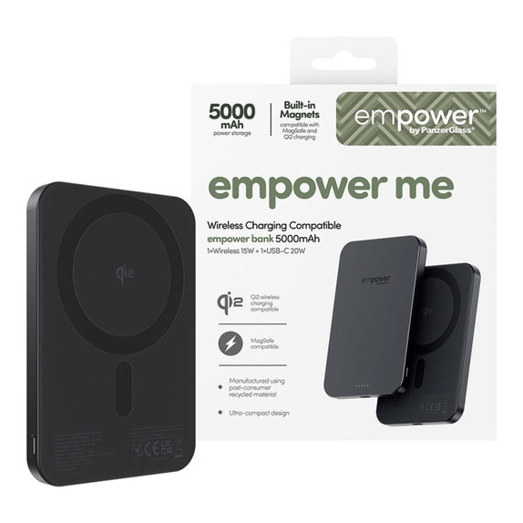 PowerBank wireless 5000 mAh, 20 W, compatibilă cu MagSafe, Qi2/USB-C, Space Black, empower