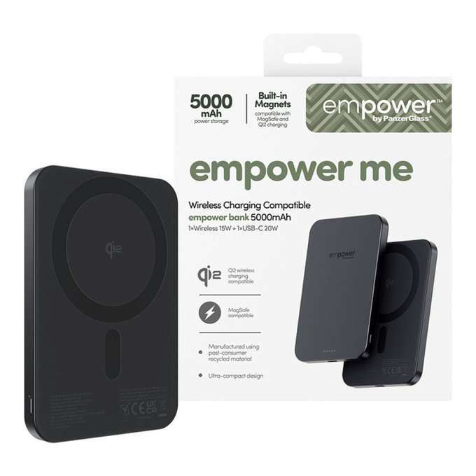 PowerBank wireless 5000 mAh, 20 W, compatibilă cu MagSafe, Qi2/USB-C, Space Black, empower