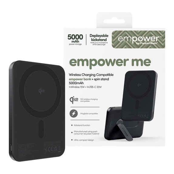 PowerBank wireless 5000 mAh cu suport rotativ, 20 W, compatibilă cu MagSafe, Qi2/USB-C, Space Black, empower