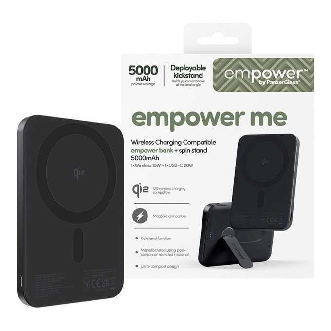 PowerBank wireless 5000 mAh cu suport rotativ, 20 W, compatibilă cu MagSafe, Qi2/USB-C, Space Black, empower
