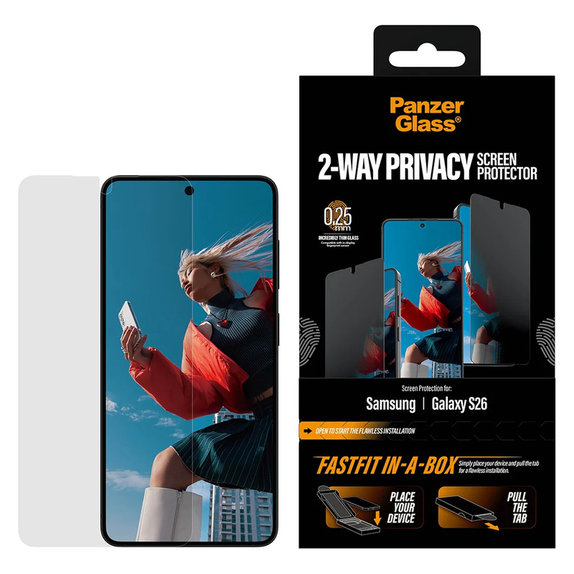 Sticlă securizată UWF 2-Way Privacy cu FASTFIT In-A-Box pentru Samsung Galaxy S26, Transparent, PanzerGlass