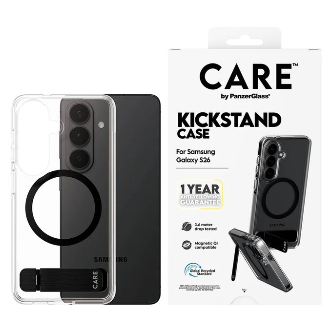 Caz Kickstand cu QI negru pentru Samsung Galaxy S26, Transparent, PanzerGlass