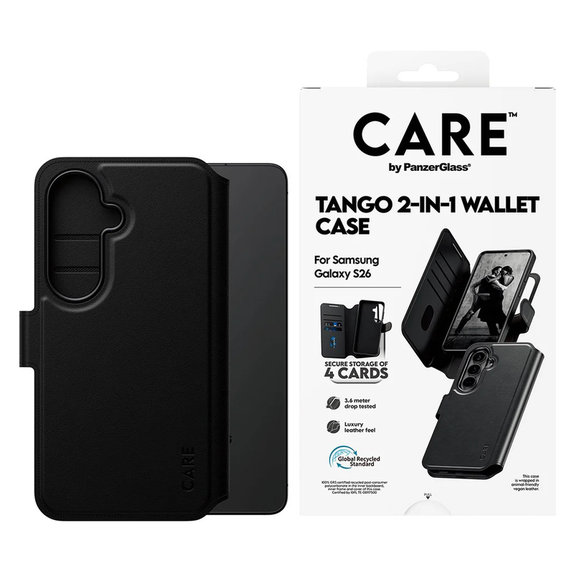Caz Tango Wallet Two-In-One cu QI pentru Samsung Galaxy S26, Negru, PanzerGlass