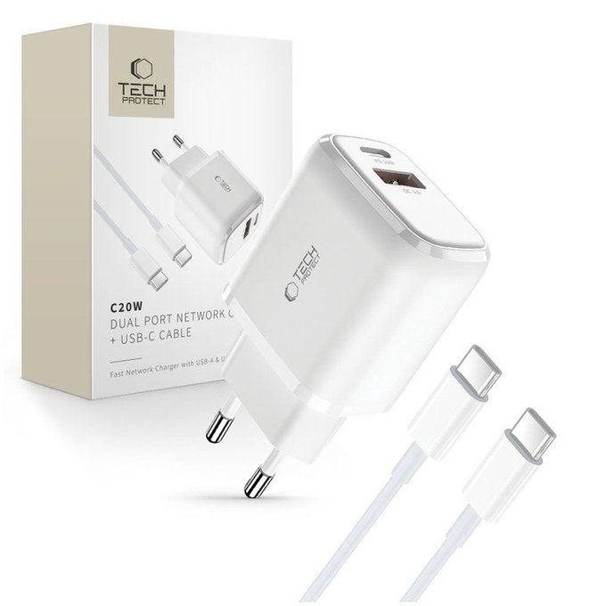 Încărcător de rețea C20W 2-PORT PD 20W / QC3.0 + USB-C Cable, albă, Tech-Protect