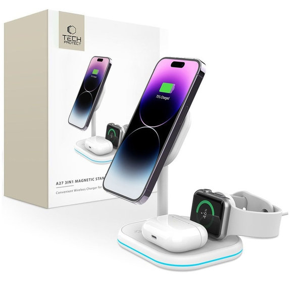Încărcător wireless QI15W-A27 3IN1 Magnetic MagSafe, albă, Tech-Protect