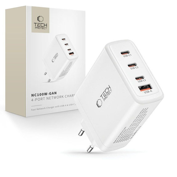 Încărcător de rețea NC100W-GAN 4-PORT PD 100W / QC3.0, albă, Tech-Protect
