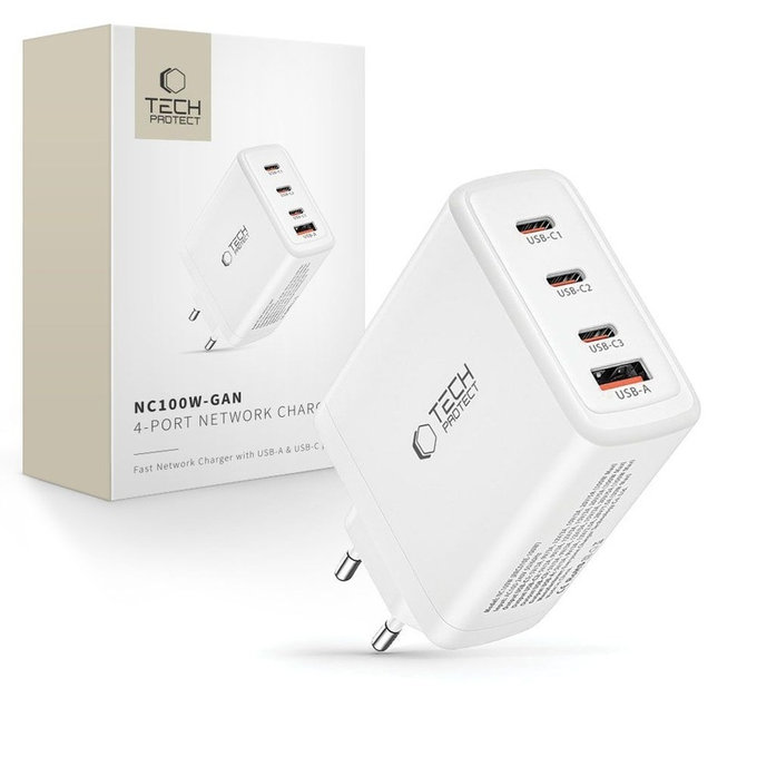 Încărcător de rețea NC100W-GAN 4-PORT PD 100W / QC3.0, albă, Tech-Protect