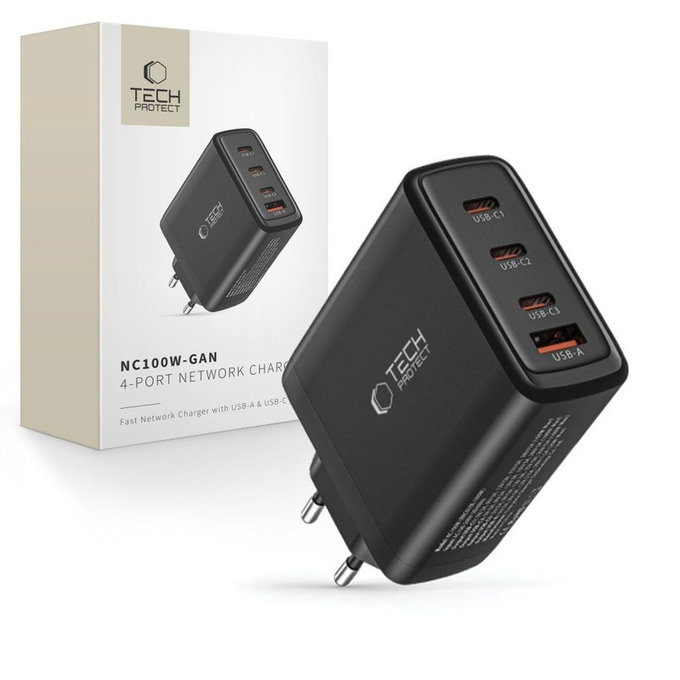 Încărcător de rețea NC100W-GAN 4-PORT PD 100W / QC3.0, neagră, Tech-Protect