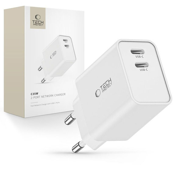 Încărcător de rețea C35W 2-PORT PD 35W, albă, Tech-Protect