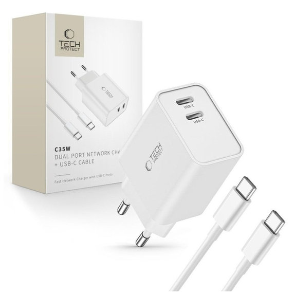 Încărcător de rețea C35W 2-PORT PD 35W + USB-C Cable, albă, Tech-Protect