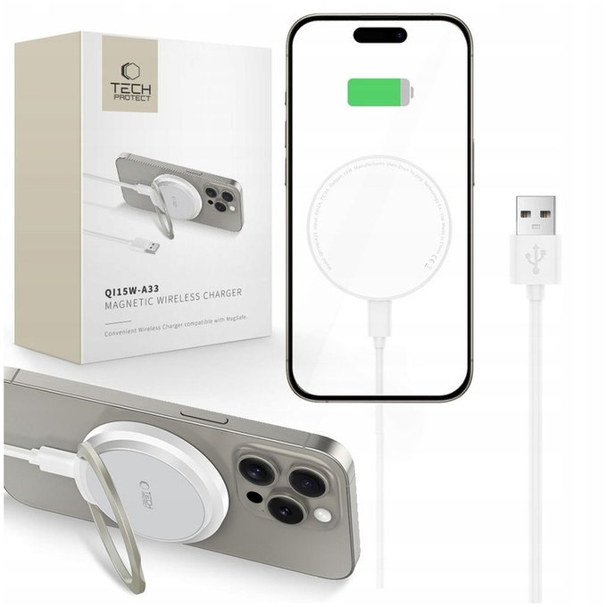 Încărcător wireless QI15W-A33 Magnetic MagSafe, albă, Tech-Protect