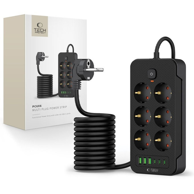 Încărcător de rețea PC6X6 Power Strip 3 USB & 3 USB-C & 6 Socket 200cm, neagră, Tech-Protect