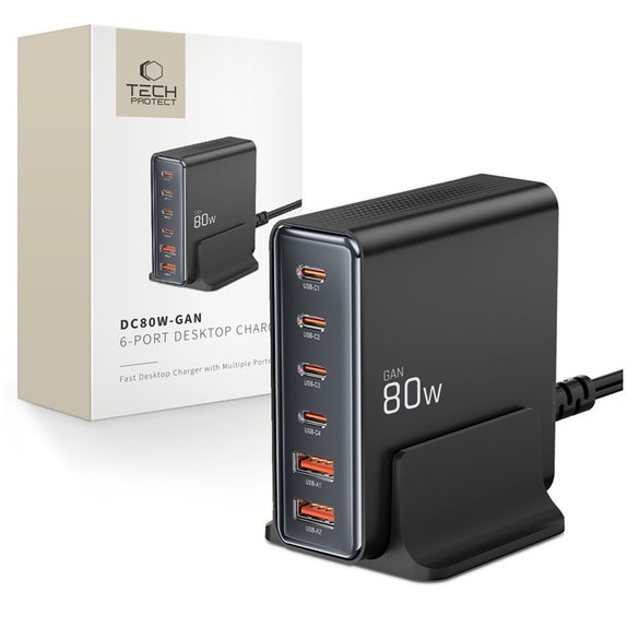 Încărcător de rețea DC80W-GAN 6-PORT PD 80W / QC3.0, neagră, Tech-Protect