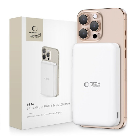 Power bank PB24 Lifemag Qi2 MagSafe 10000mAh, albă, Tech-Protect