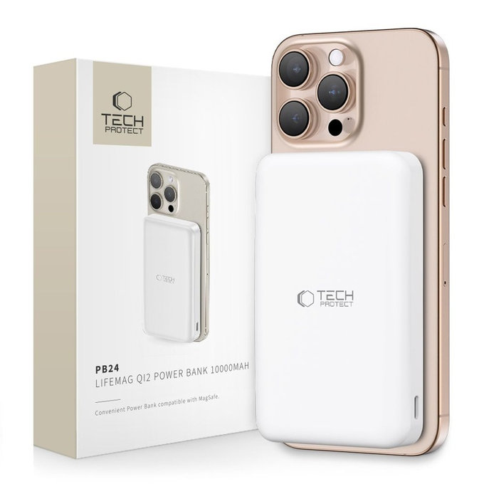 Power bank PB24 Lifemag Qi2 MagSafe 10000mAh, albă, Tech-Protect