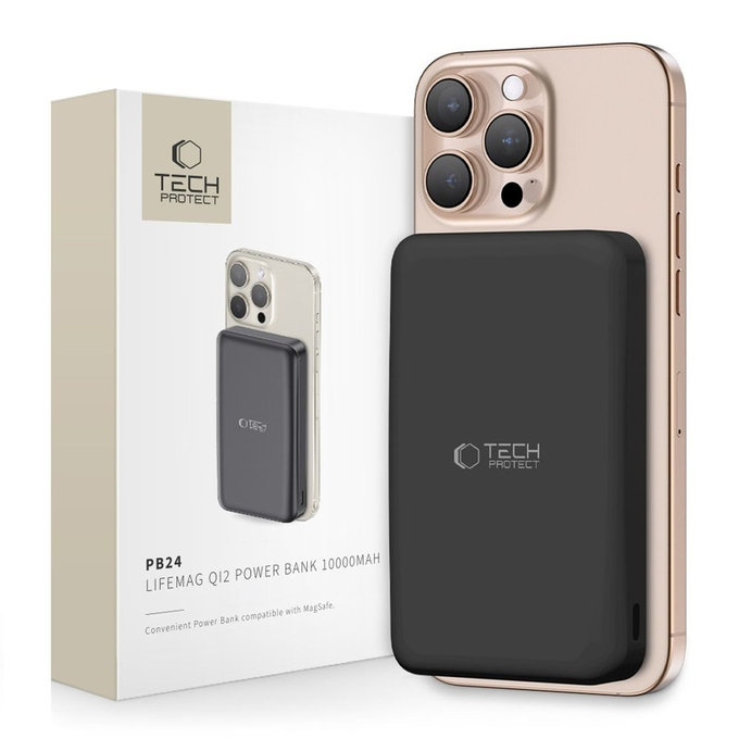 Power bank PB24 Lifemag Qi2 MagSafe 10000mAh, neagră, Tech-Protect