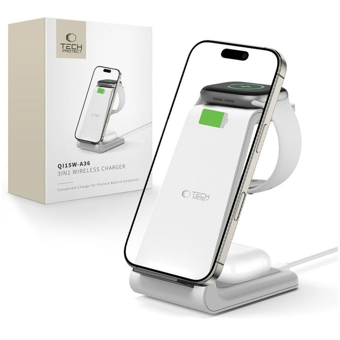 Încărcător wireless QI15W-A36 3IN1 for Apple, albă, Tech-Protect