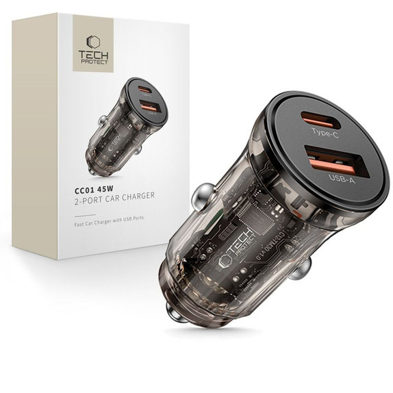 Încărcător auto CC01 2-PORT PD 45W / QC3.0, neagră, Tech-Protect