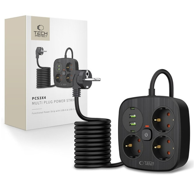 Încărcător de rețea PCS3X4 Power Strip 2 USB & 2 USB-C & 3 Socket 200cm, neagră, Tech-Protect