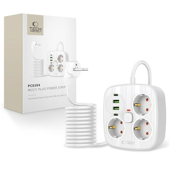 Încărcător de rețea PCS3X4 Power Strip 2 USB & 2 USB-C & 3 Socket 200cm, albă, Tech-Protect