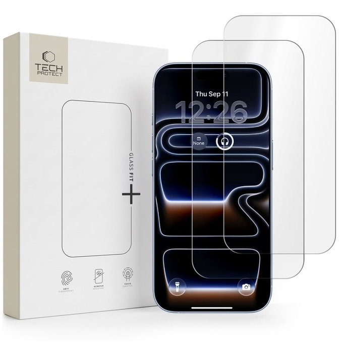Sticlă securizată Glass Fit+ 2-PACK pentru iPhone 16 Pro / 17 / 17 Pro / 18 Pro, transparentă, Tech-Protect